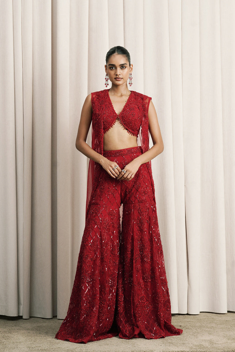 RED EMBROIDERED JACKET SET WITH BUSTIER AND PANTS