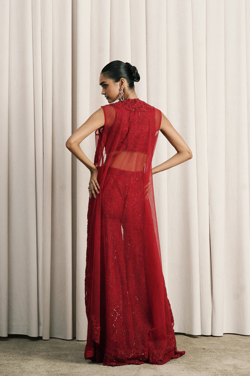 RED EMBROIDERED JACKET SET WITH BUSTIER AND PANTS