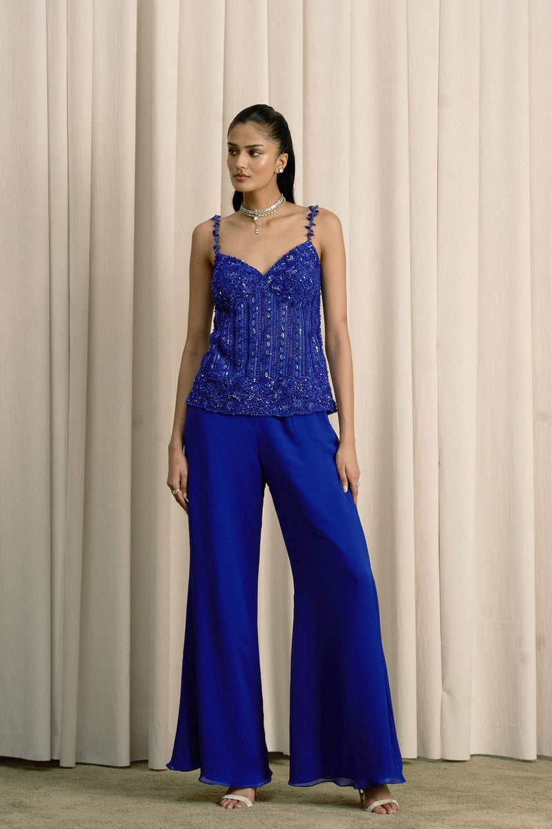 ROYAL BLUE NET SHARARA TOP WITH GEORGETTE PANTS