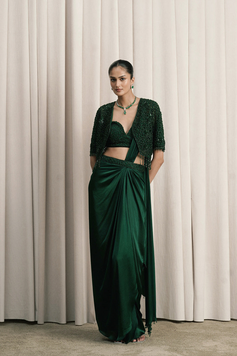 EMERALD GREEN DRAPED SAREE WITH EMBROIDERED JACKET
