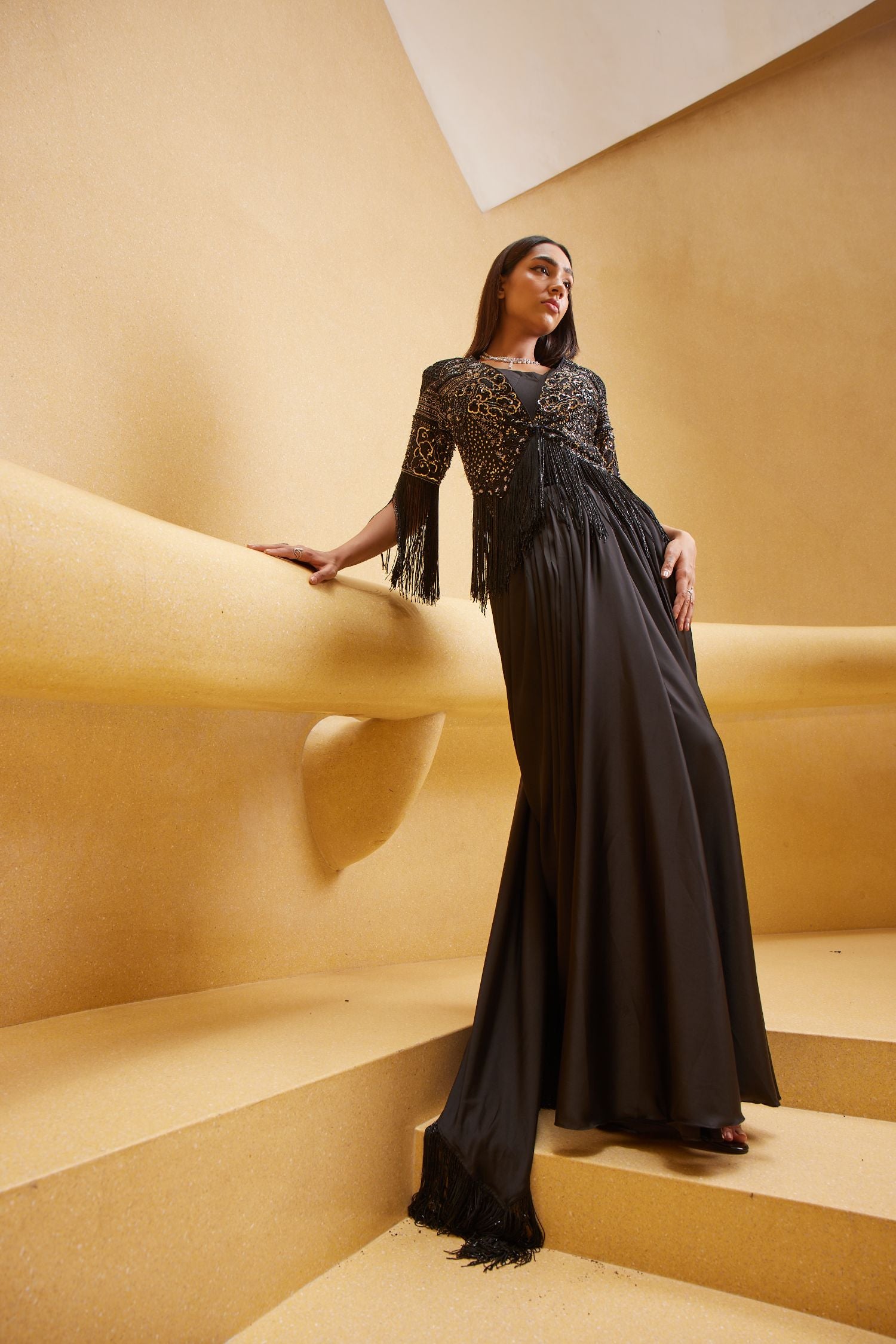 Black Drape Saree With A Cape Jacket