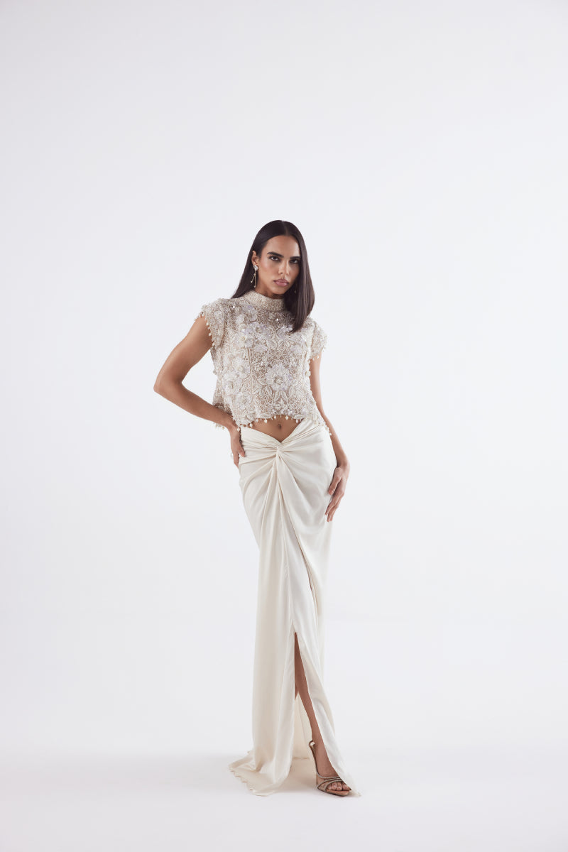 Ivory Self On Self Top With Drape Skirt
