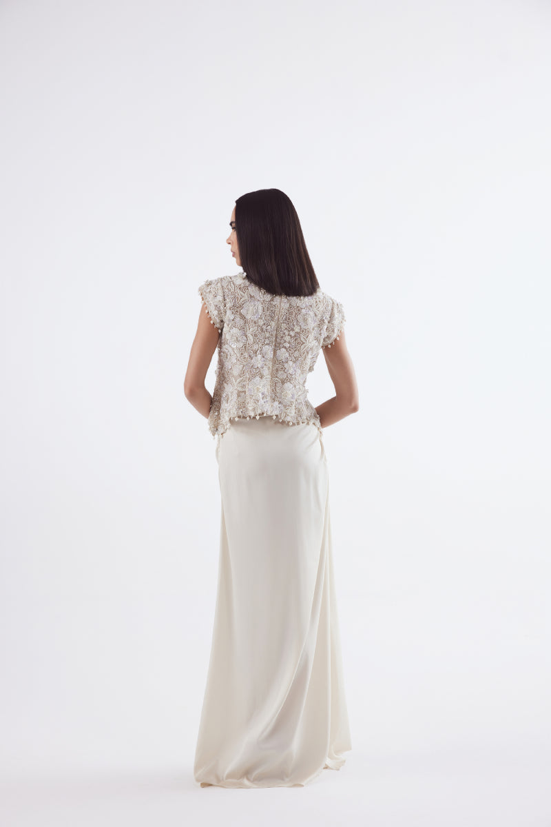 Ivory Self On Self Top With Drape Skirt