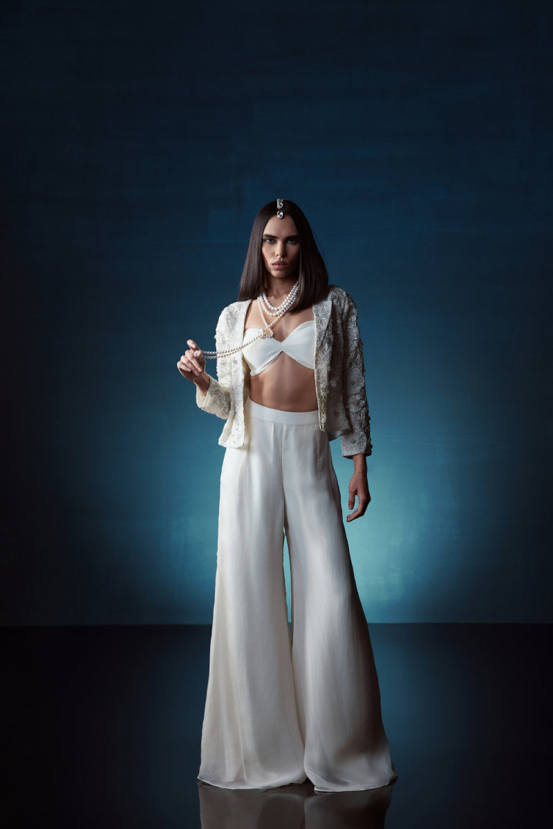 Ivory Embroidered Short Jacket With Pants Set