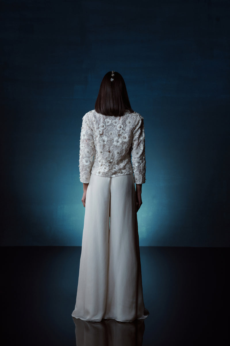 Ivory Embroidered Short Jacket With Pants Set