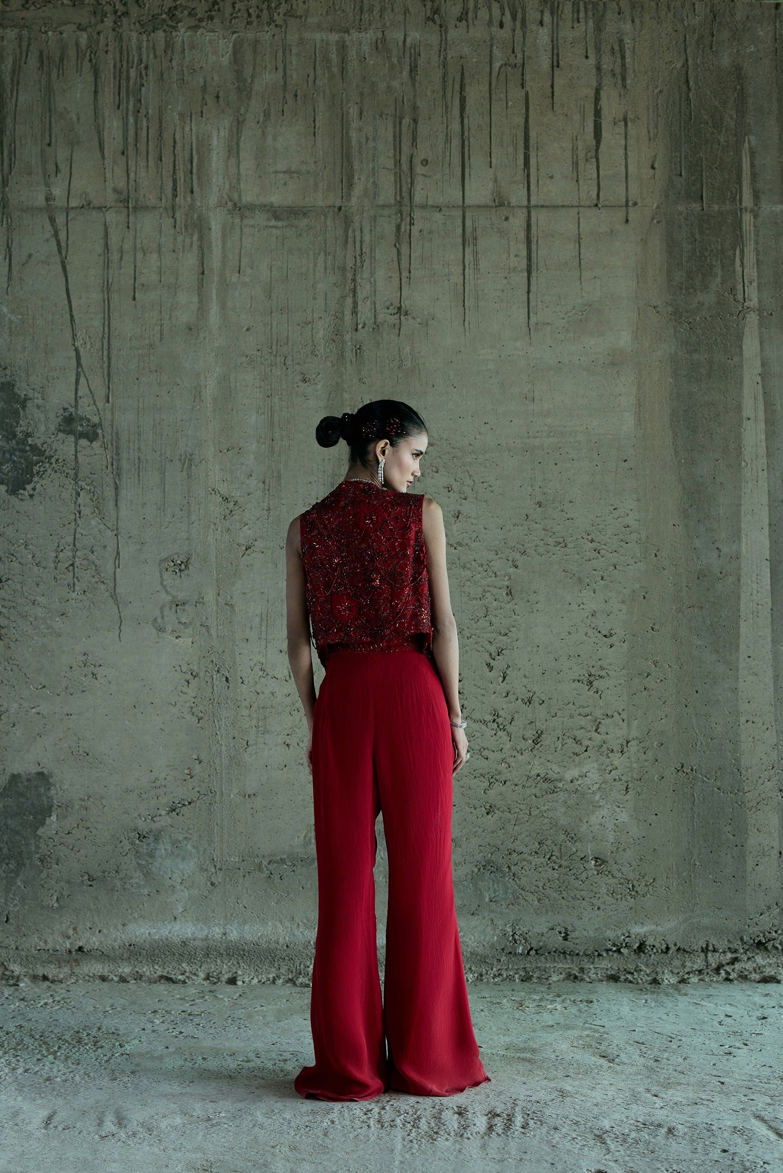 Red 3-D Embellished Jacket-Pant Set