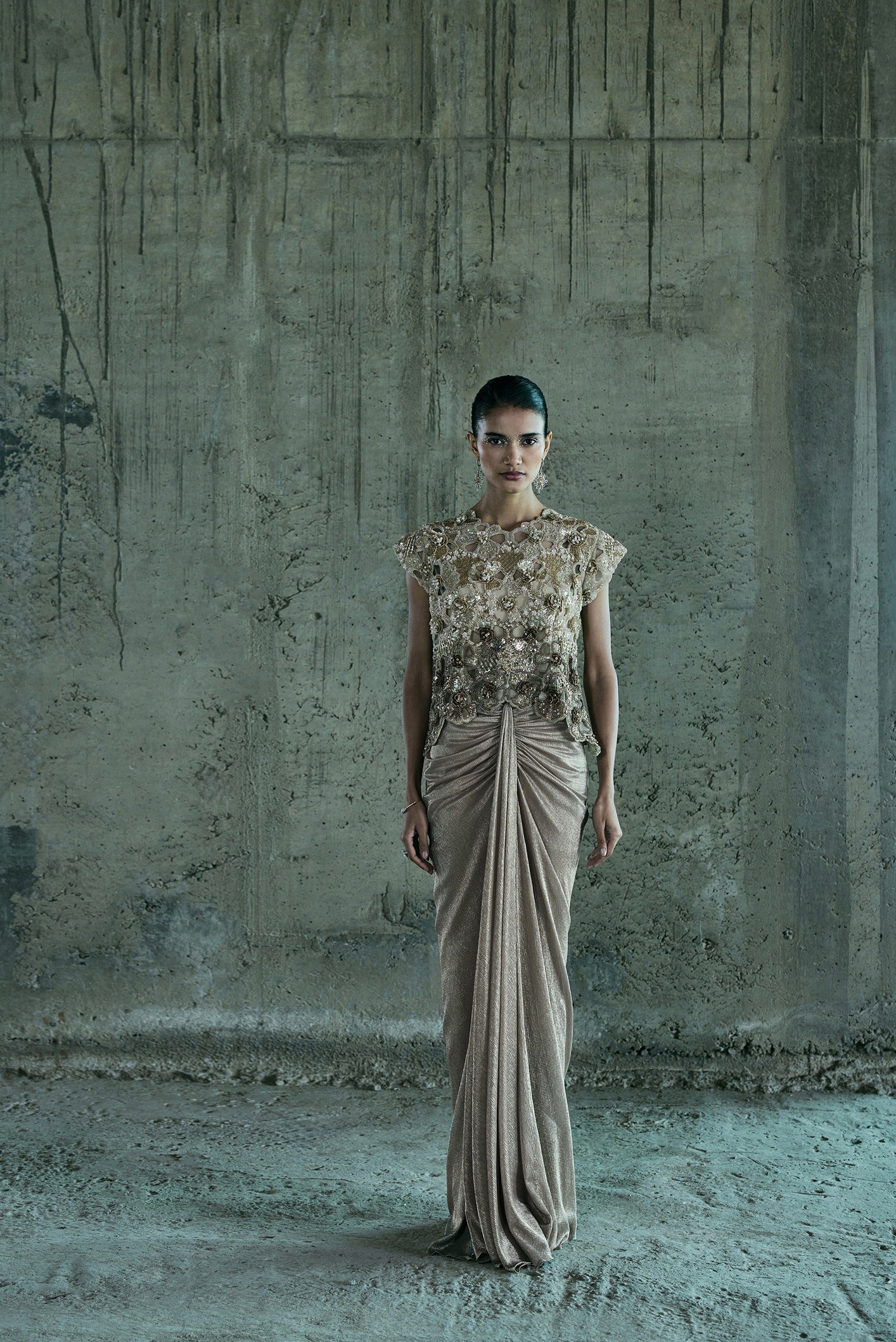 Beige Shaded Cutwork Top And Skirt Set