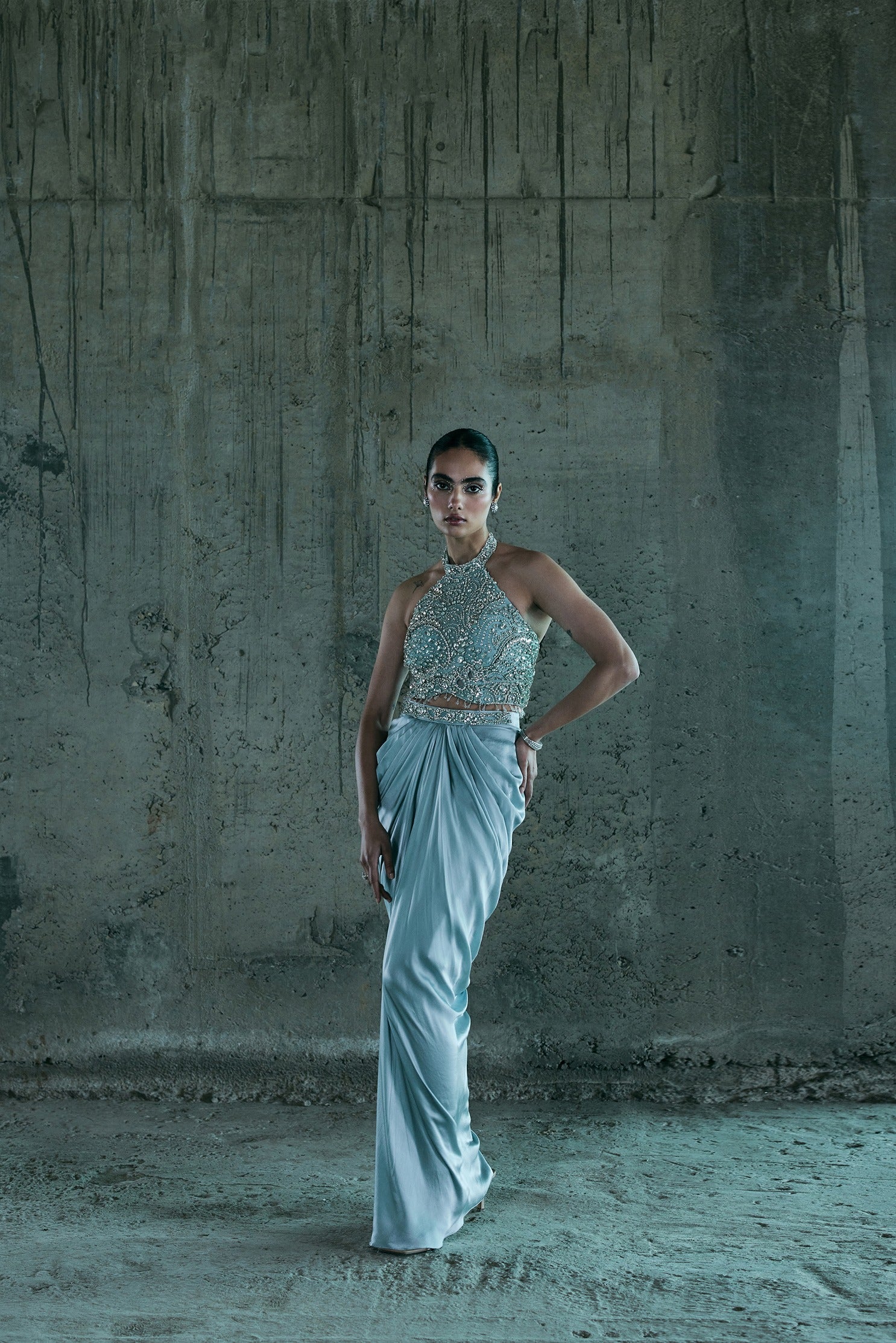 Ice Blue Stone Embellished Top With Skirt