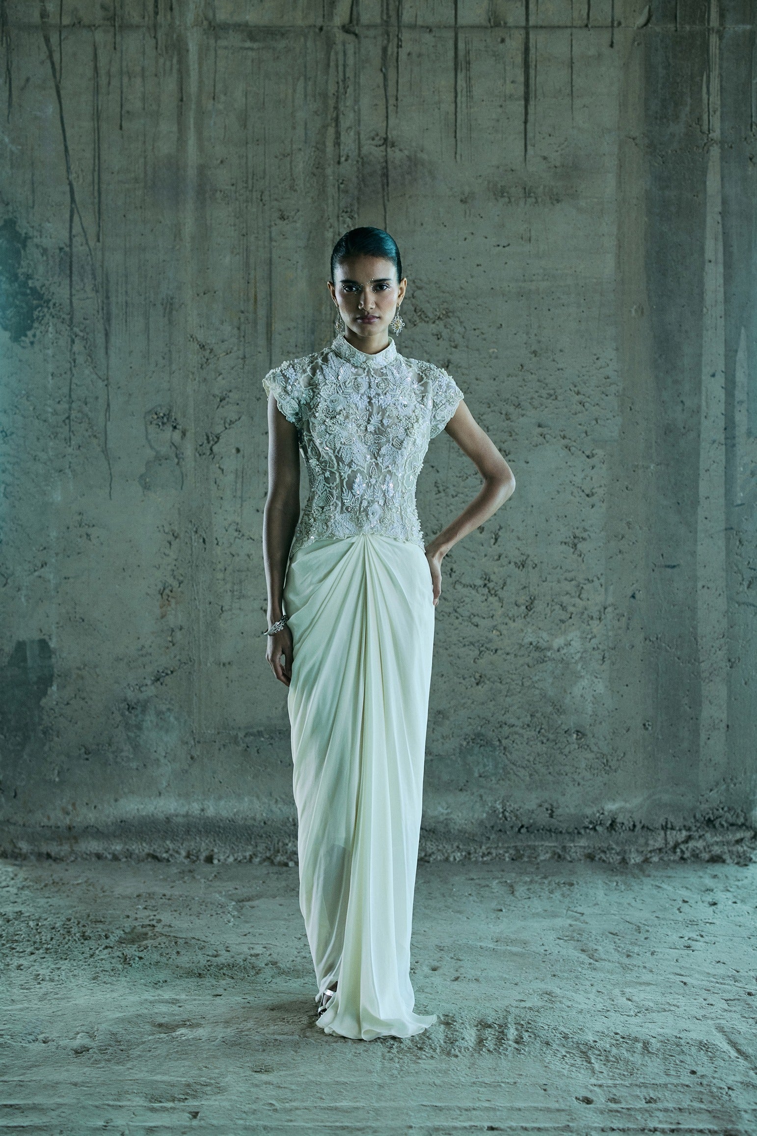 Ivory 3-D Embroidered Top With Skirt Set