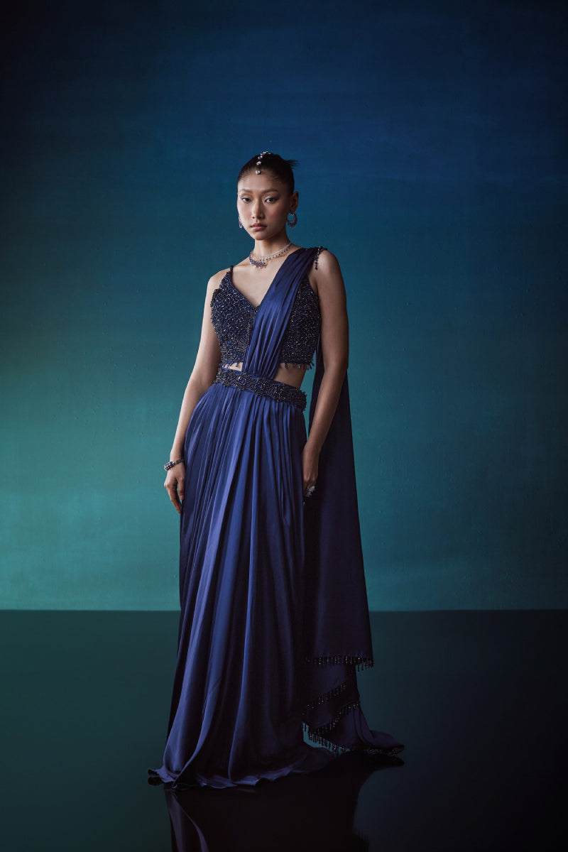 Navy Drape Saree With Crystal Studded Blouse