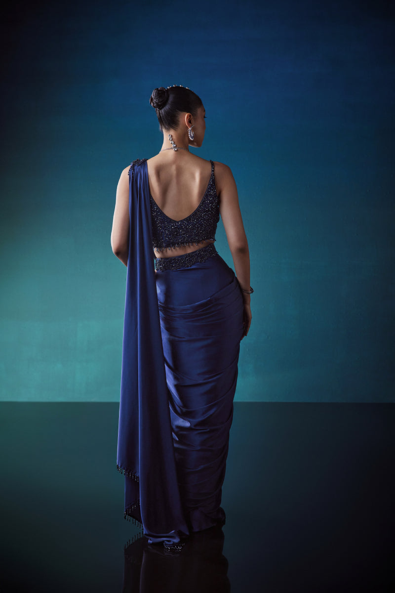 Navy Drape Saree With Crystal Studded Blouse