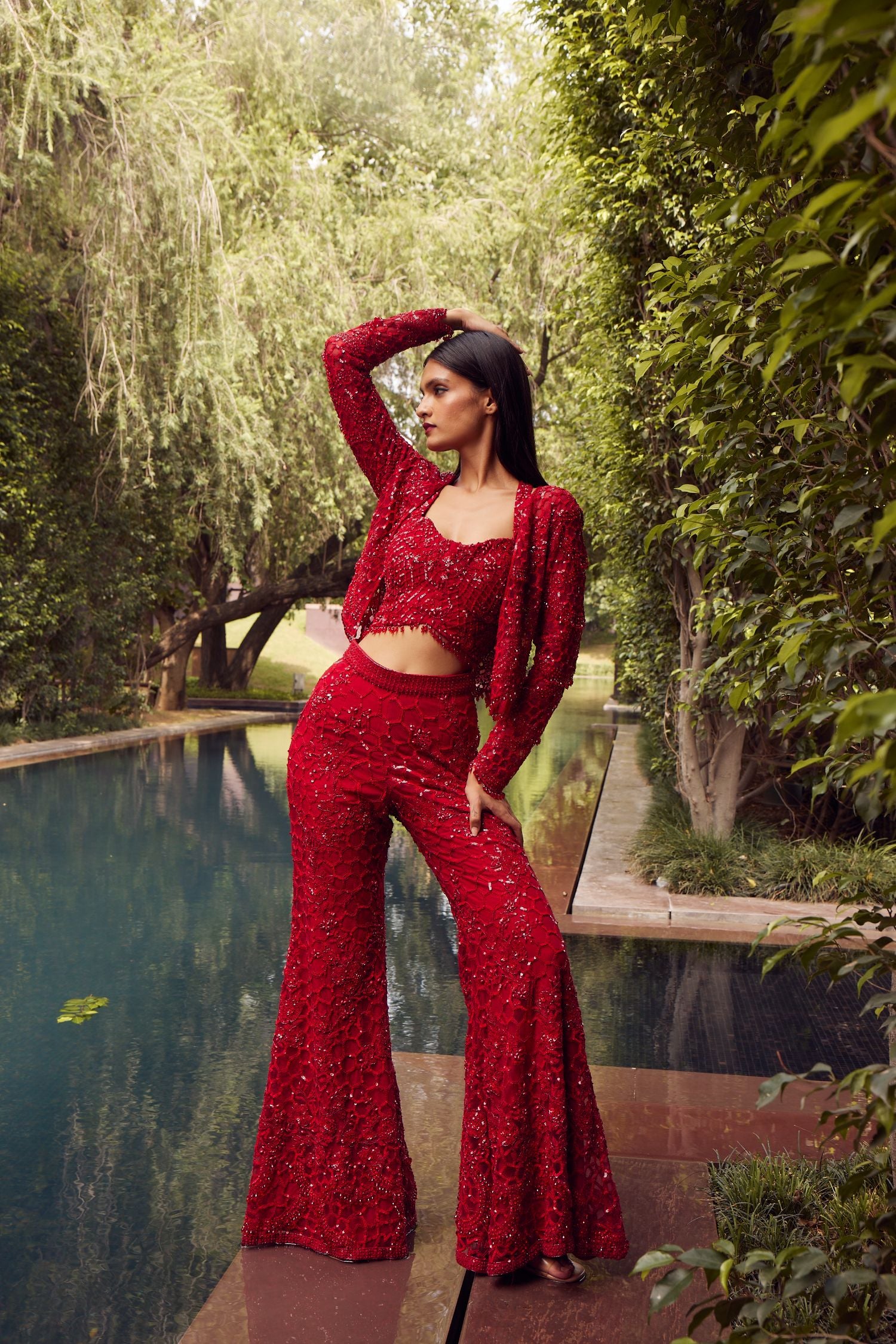 Red Indowestern Short Jacket Set With Flaired Pants