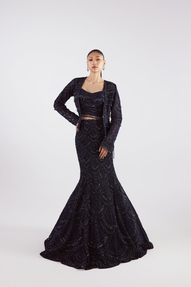 Navy Fish Cut Lehenga With A Short Jacket