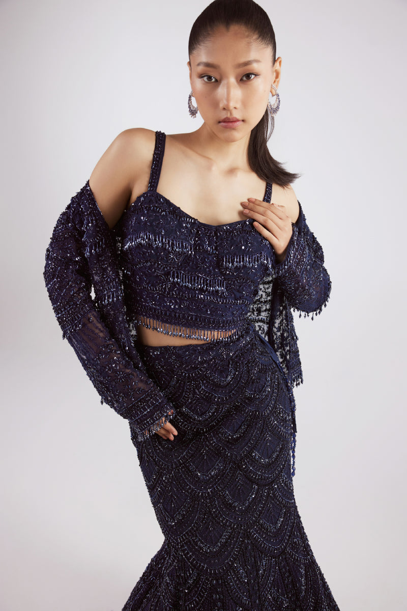 Navy Fish Cut Lehenga With A Short Jacket