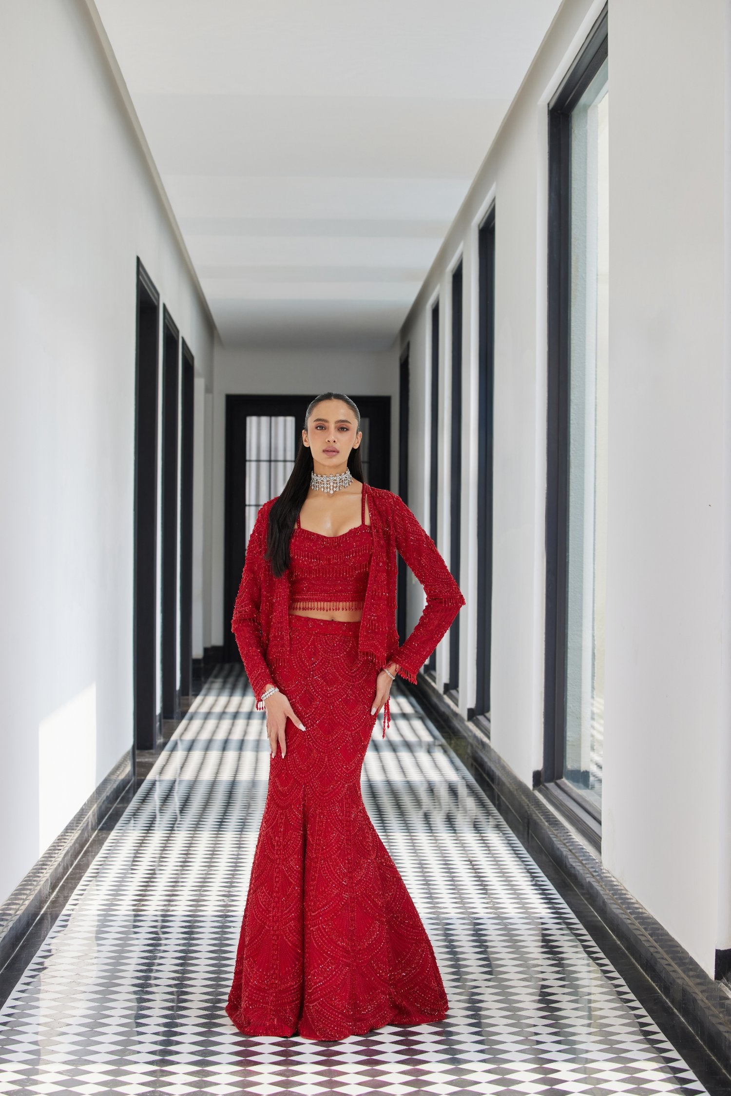 Red On Red Fish Cut Lehenga With A Short Jacket – AGASHE