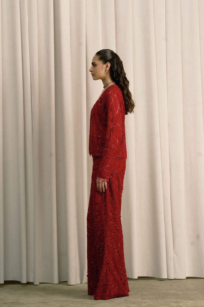 RED EMBROIDERED CO-ORD SET WITH FLARED PANTS