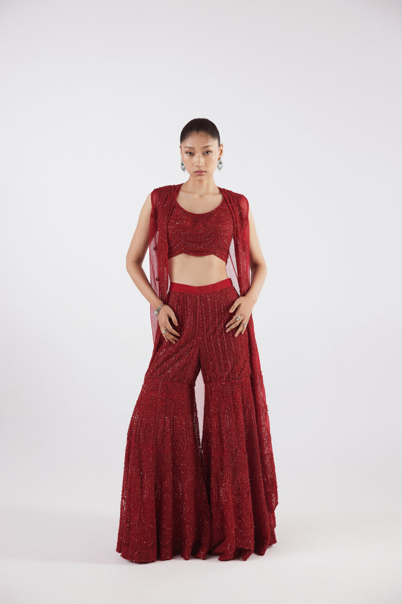Red Indowestern  Jacket Set With Flaired Pants