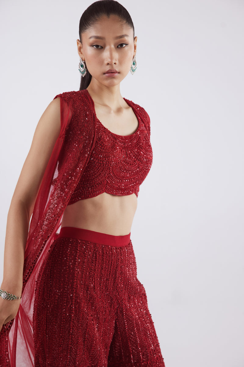 Red Indowestern  Jacket Set With Flaired Pants