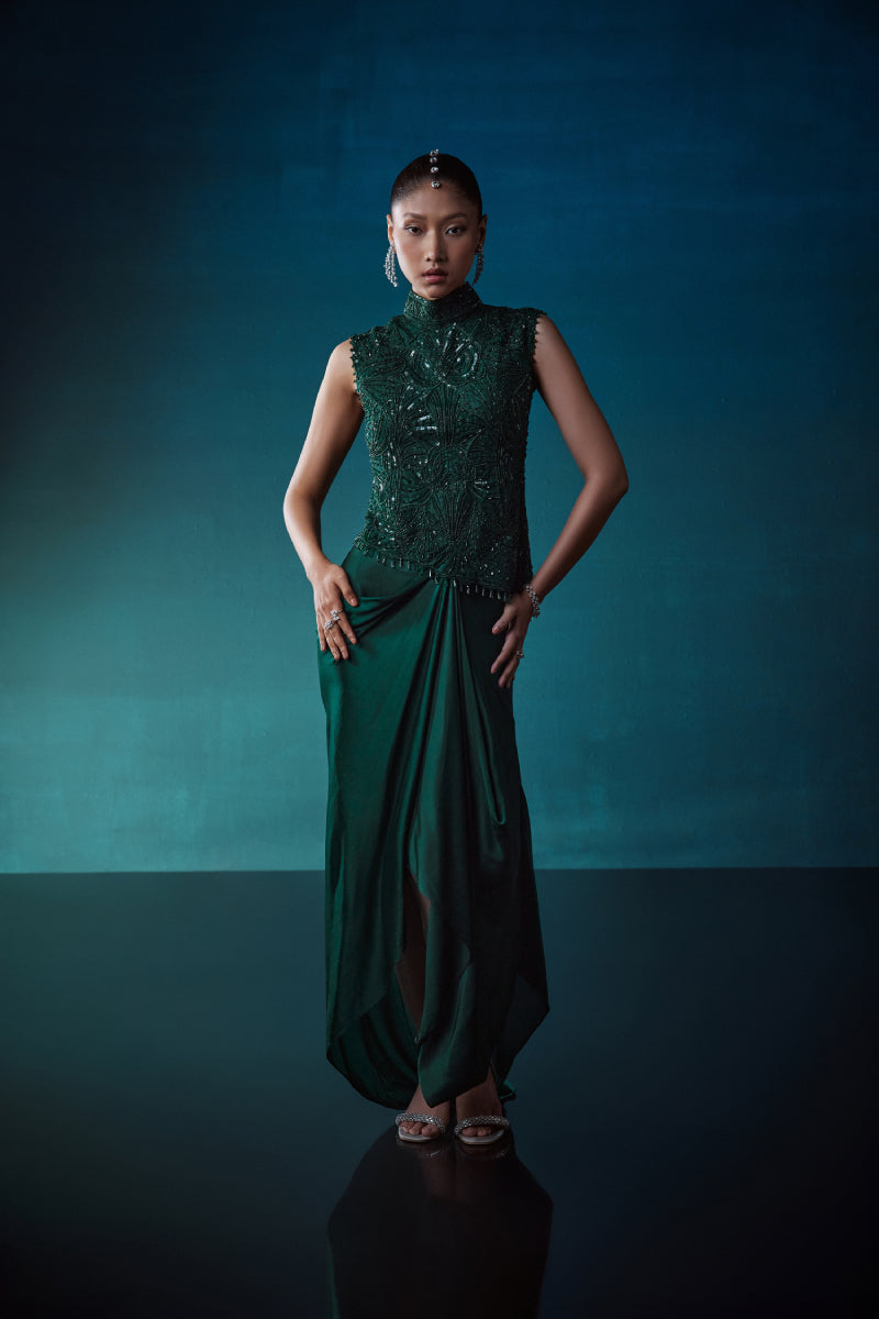 Emerald Self On Self Top With Drape Skirt