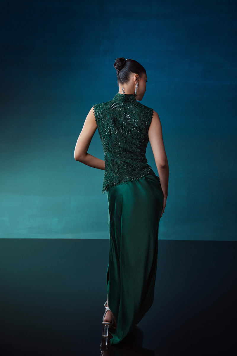 Emerald Self On Self Top With Drape Skirt