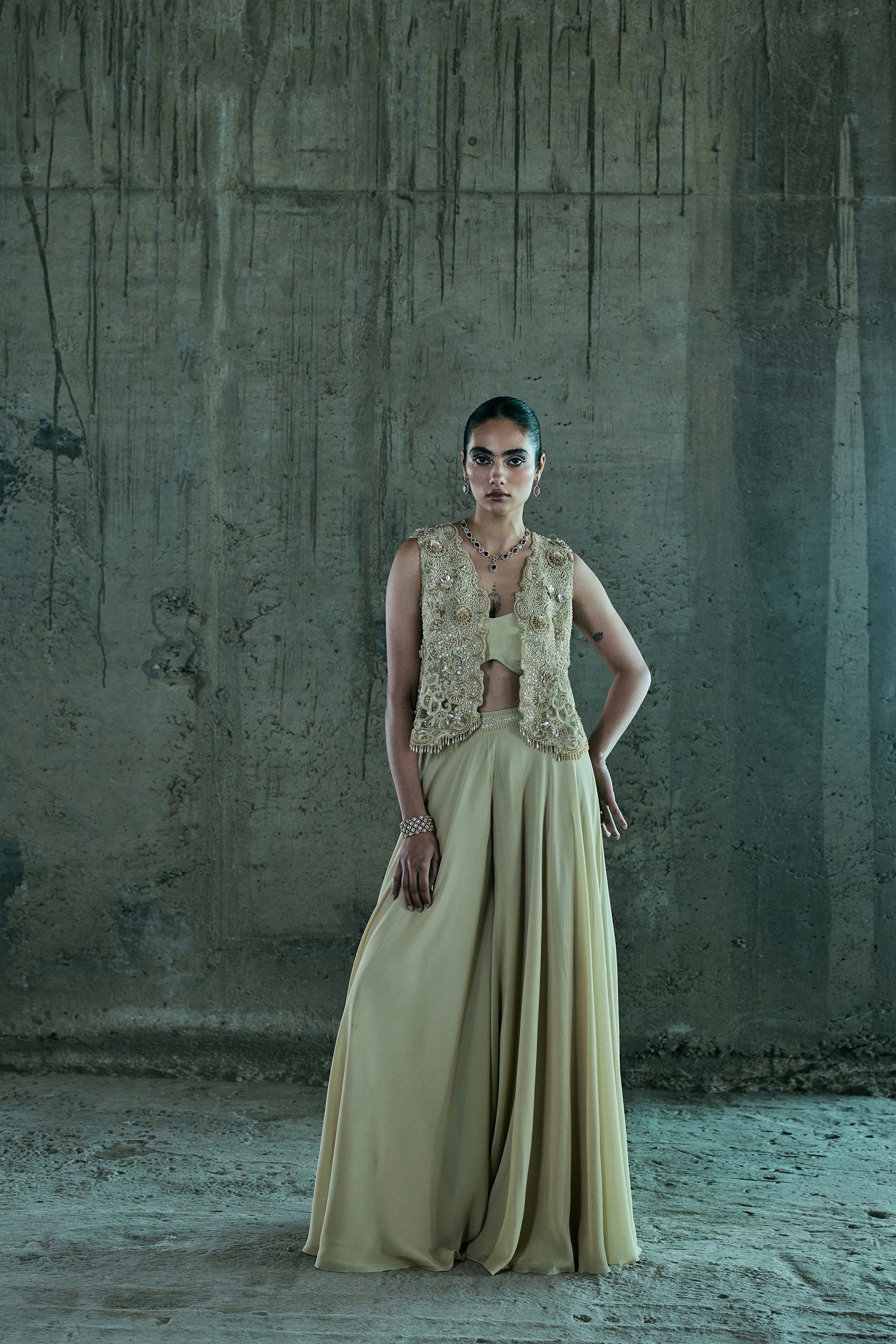 Beige Waistcoat Jacket With Pant Set