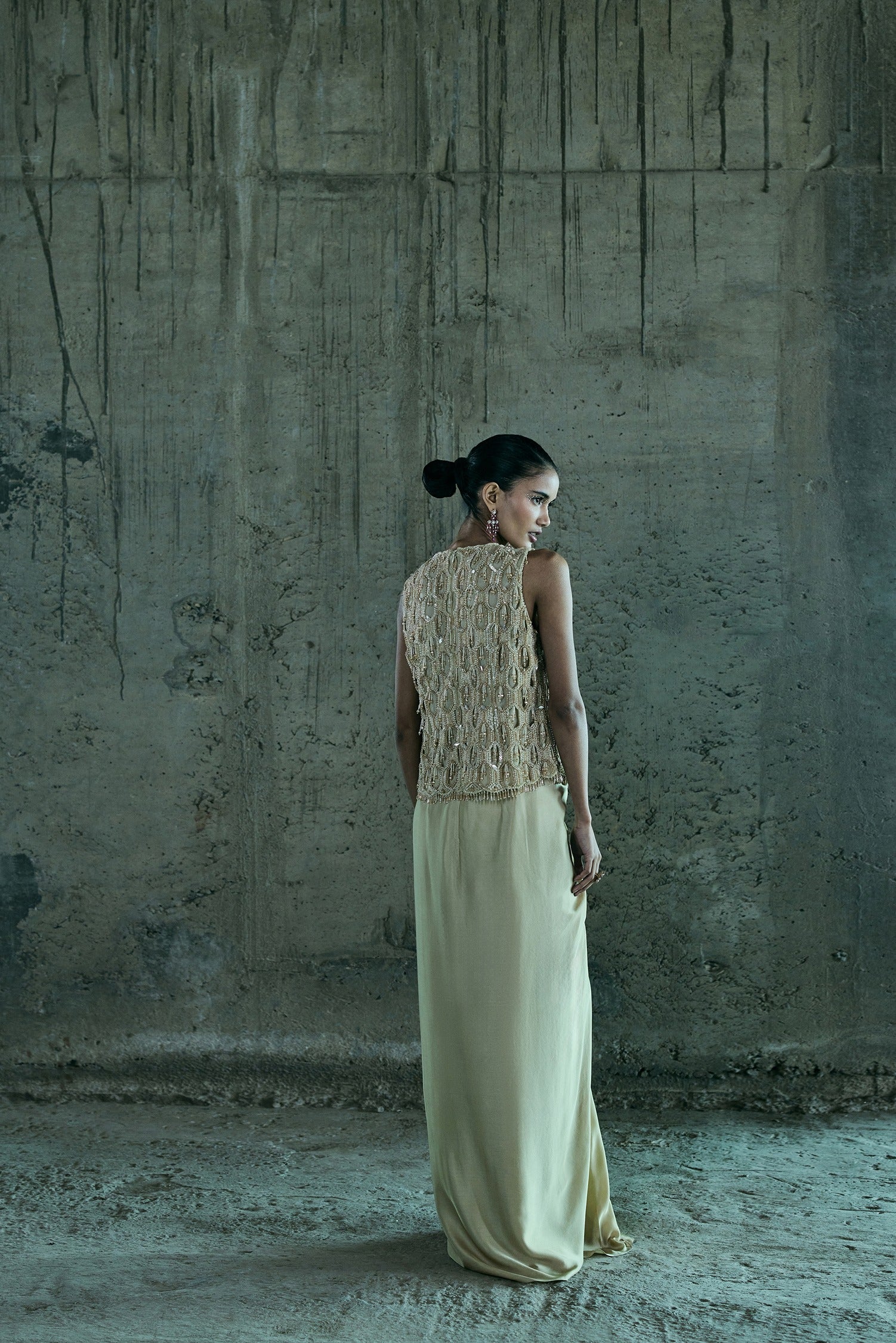 Beige Crystal Cutowk Top With Skirt Set