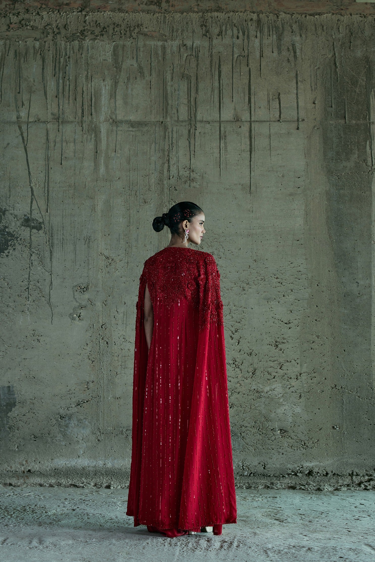 Red Long Cape Set With Bustier And Skirt