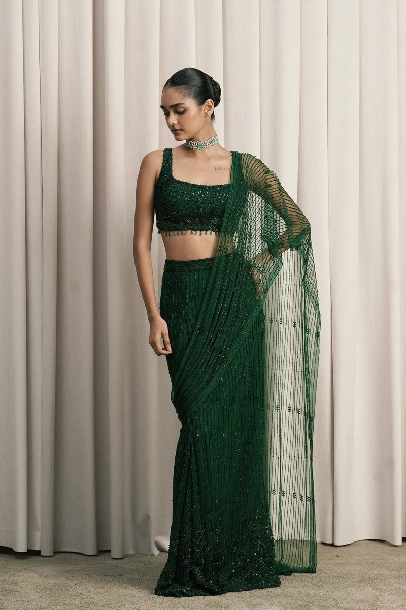 EMERALD GREEN EMBROIDERED NET SAREE WITH BLOUSE