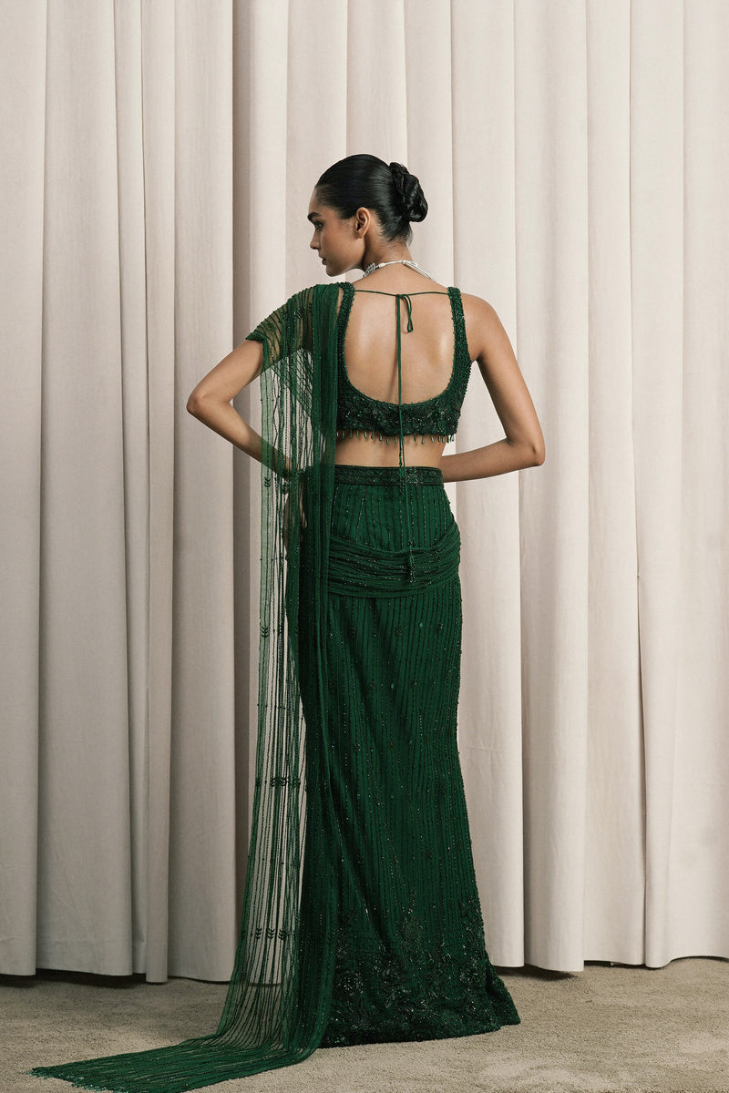 EMERALD GREEN EMBROIDERED NET SAREE WITH BLOUSE