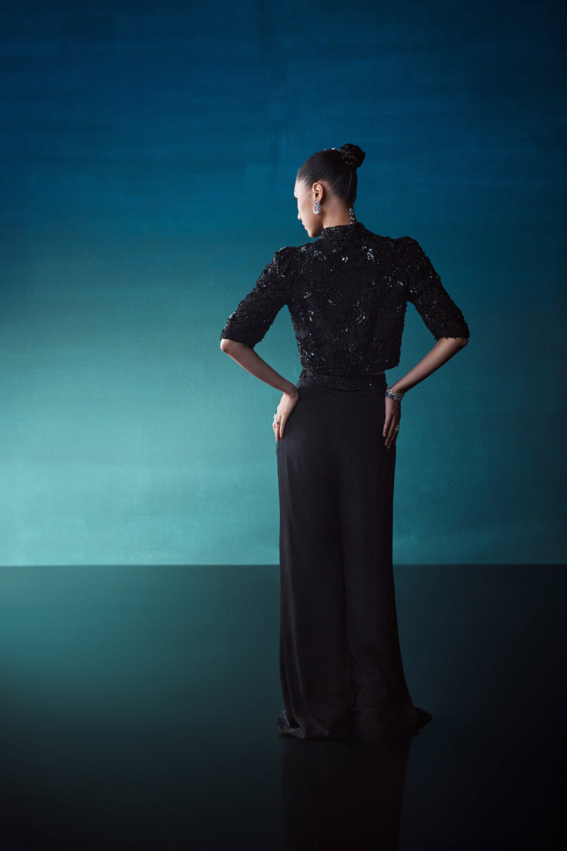 Black Chinon Short Jacket - Pant Set