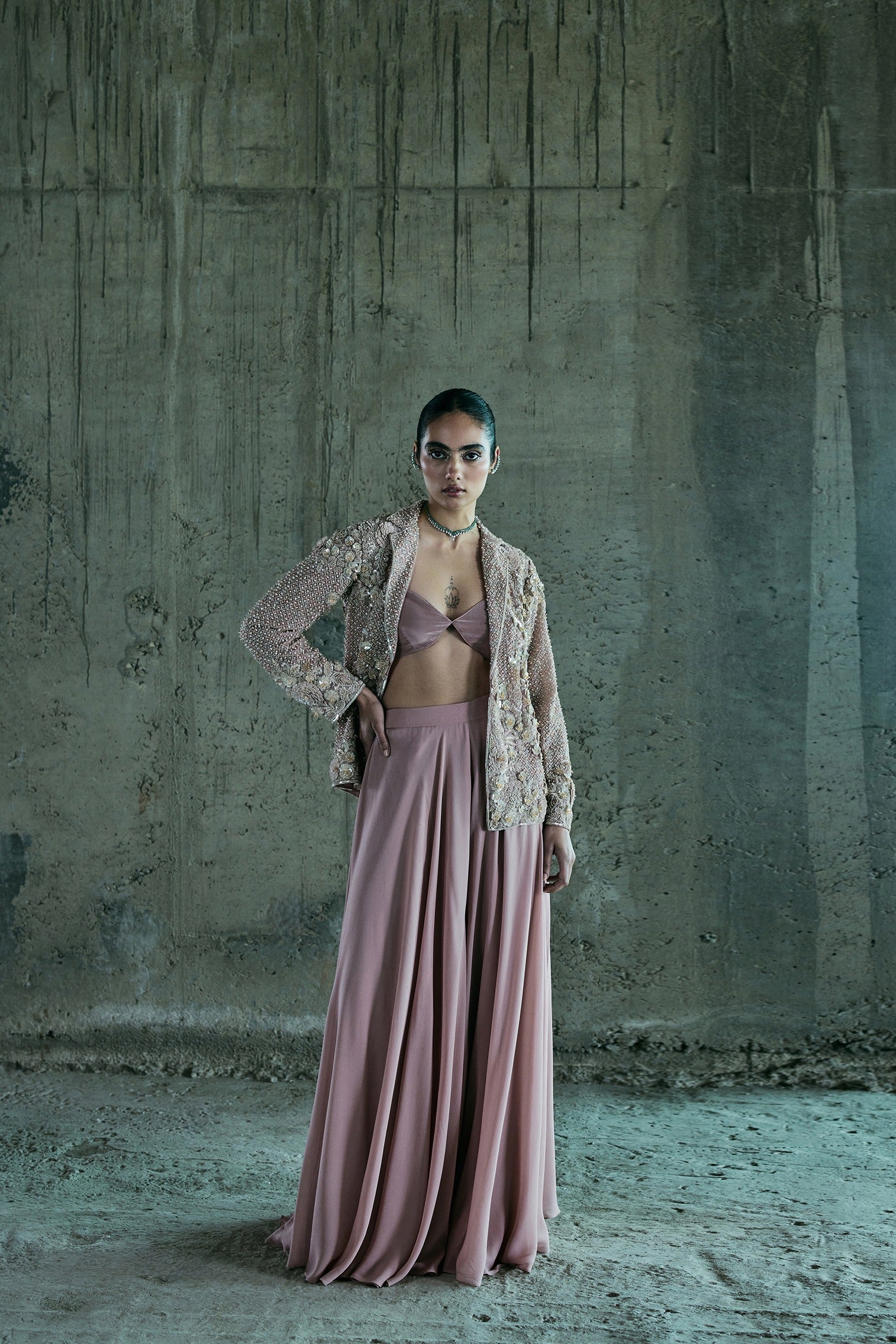 Rose Gold Embroidered Blazer Set With Pants And Bustier