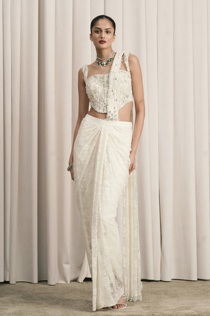 IVORY DRAPED SAREE WITH EMBELLISHED CHANTILLY CORSET