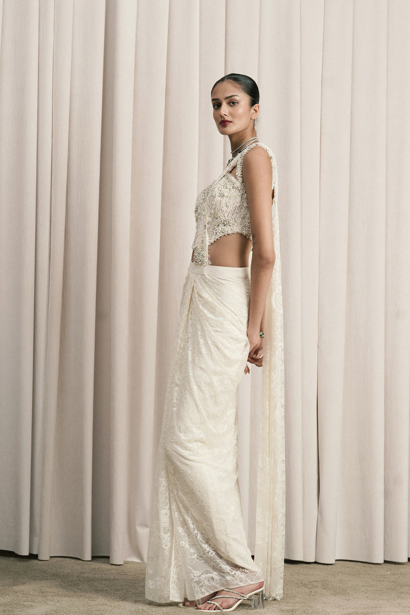 IVORY DRAPED SAREE WITH EMBELLISHED CHANTILLY CORSET