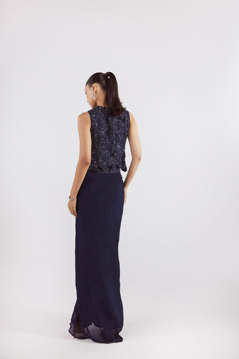 Navy Self On Self Top With Drape Skirt