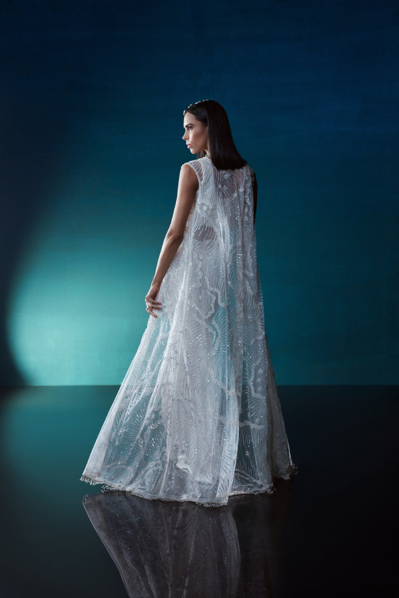 Ivory Indowestern  Jacket Set With Draped Skirt