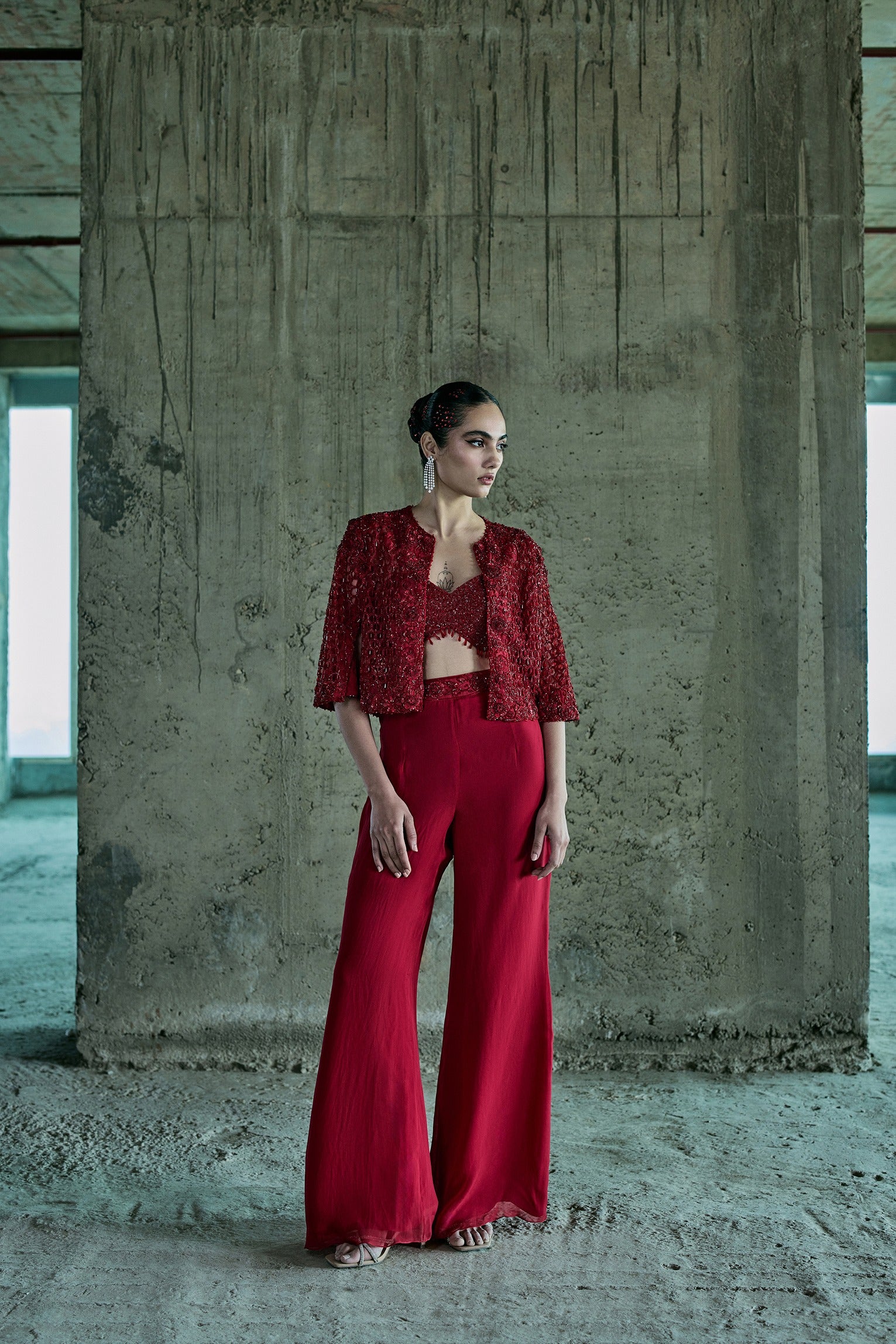 Red Cutwork Jacket Set With Pants