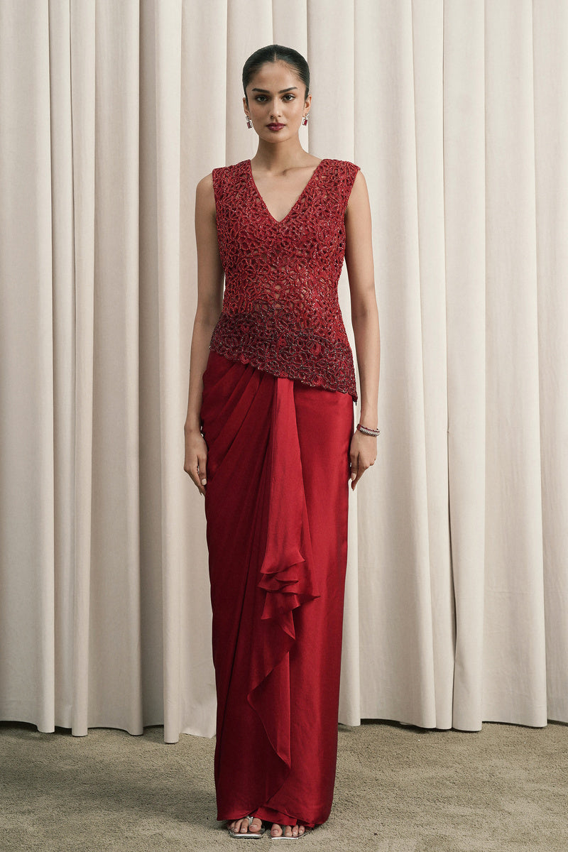 RED EMBROIDERED TOP AND DRAPED SKIRT SET WITH BUSTIER