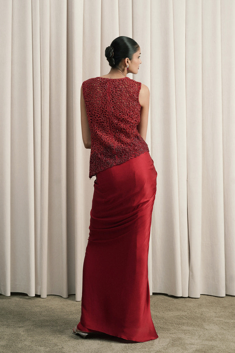 RED EMBROIDERED TOP AND DRAPED SKIRT SET WITH BUSTIER