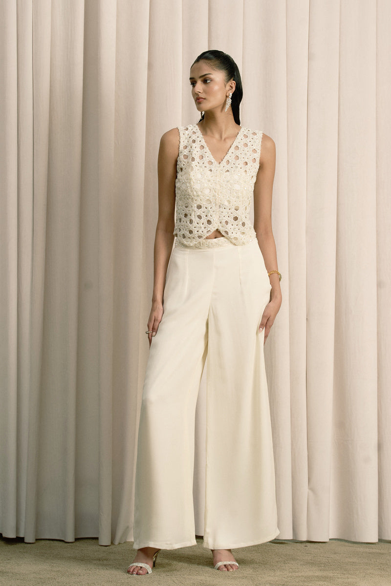 IVORY EMBROIDERED JACKET SET WITH BUSTIER AND PANTS