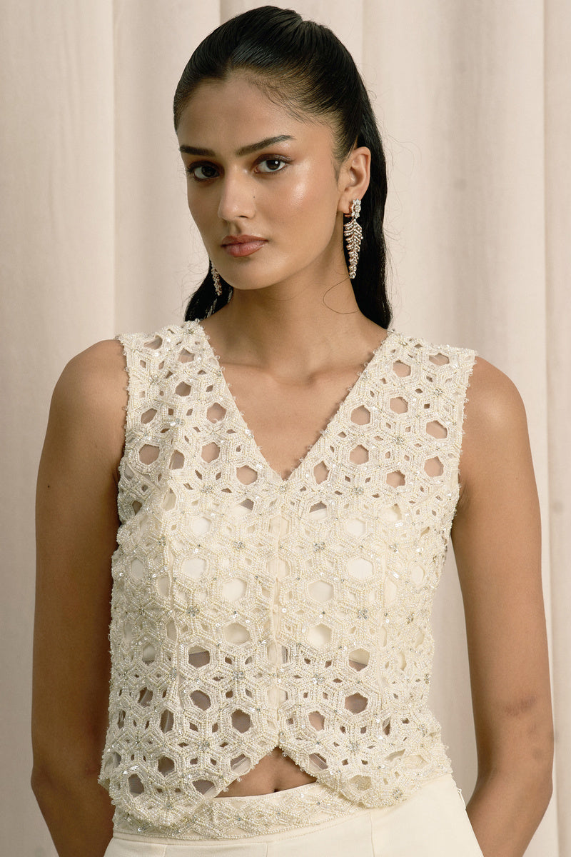 IVORY EMBROIDERED JACKET SET WITH BUSTIER AND PANTS