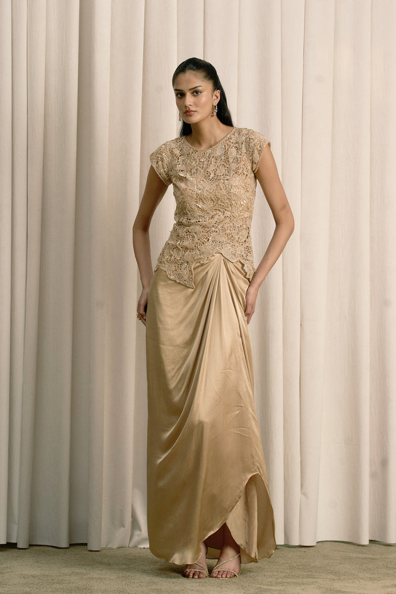 BEIGE CUTWORK TOP WITH BUSTIER AND PICK-UP SKIRT