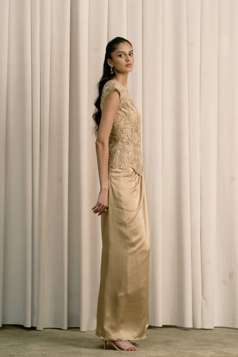 BEIGE CUTWORK TOP WITH BUSTIER AND PICK-UP SKIRT