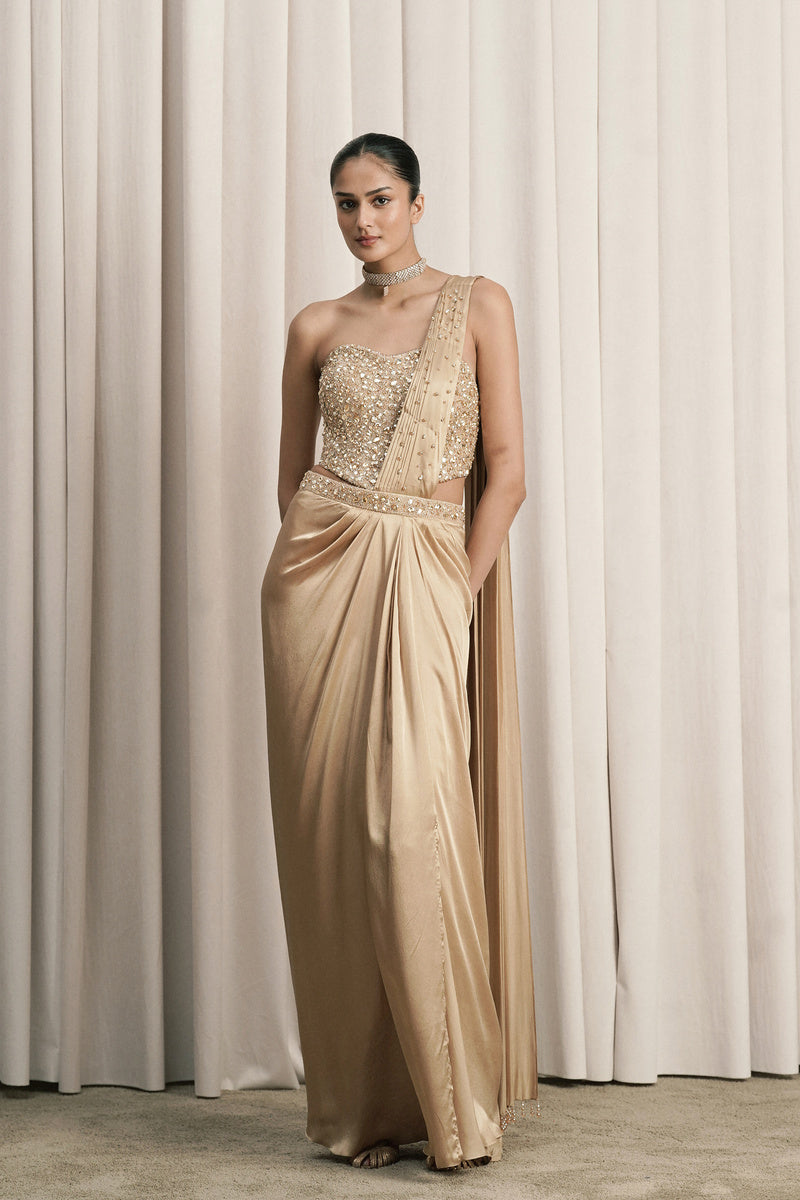 BEIGE DRAPED SAREE WITH EMBELLISHED CORSET
