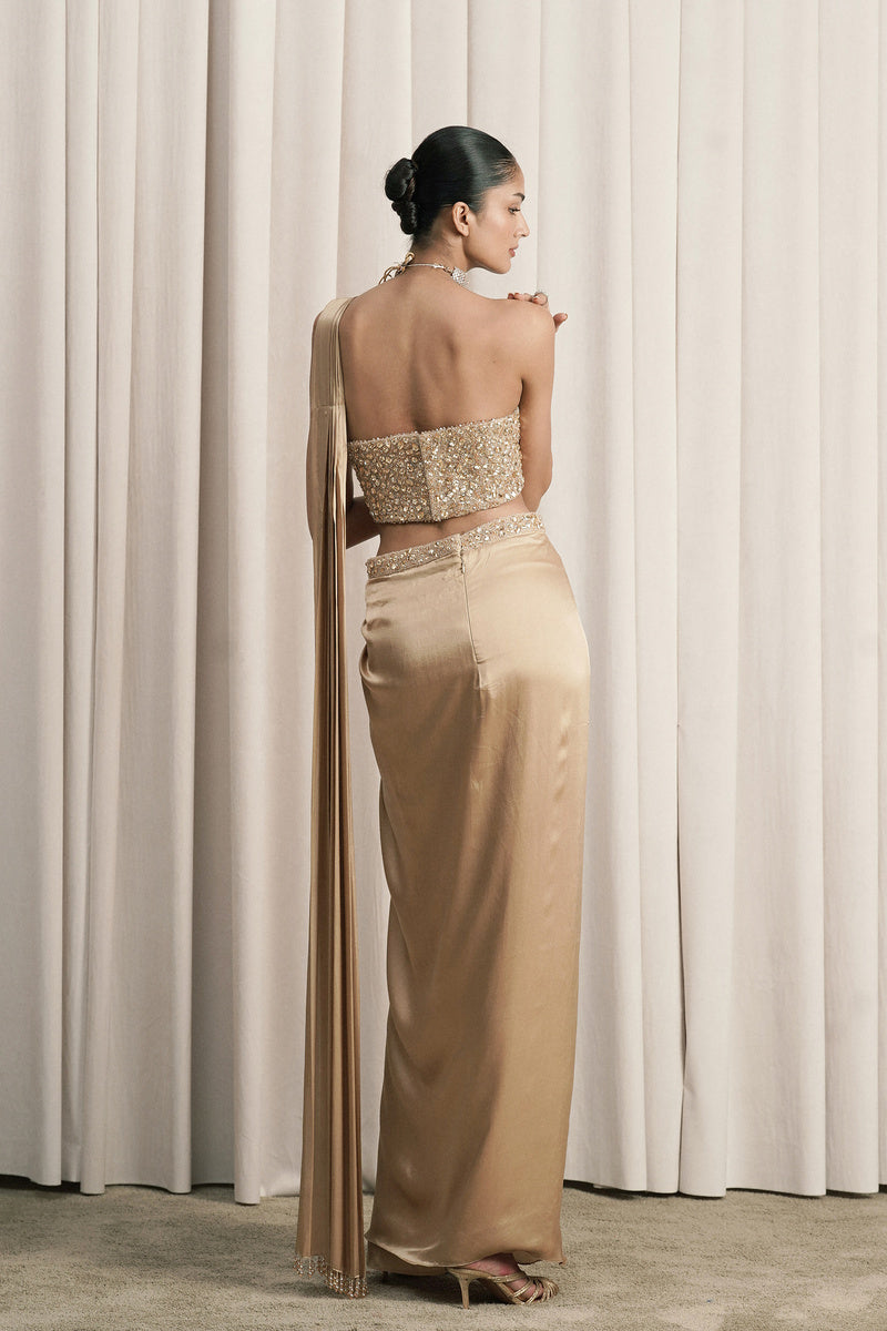 BEIGE DRAPED SAREE WITH EMBELLISHED CORSET