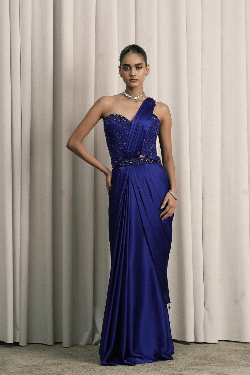 ROYAL BLUE PRE-DRAPED COCKTAIL SAREE WITH CHANTILLY CORSET