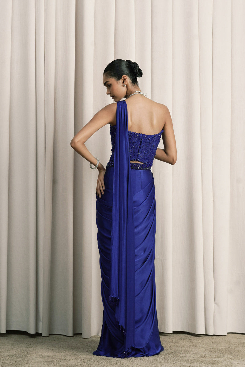 ROYAL BLUE PRE-DRAPED COCKTAIL SAREE WITH CHANTILLY CORSET