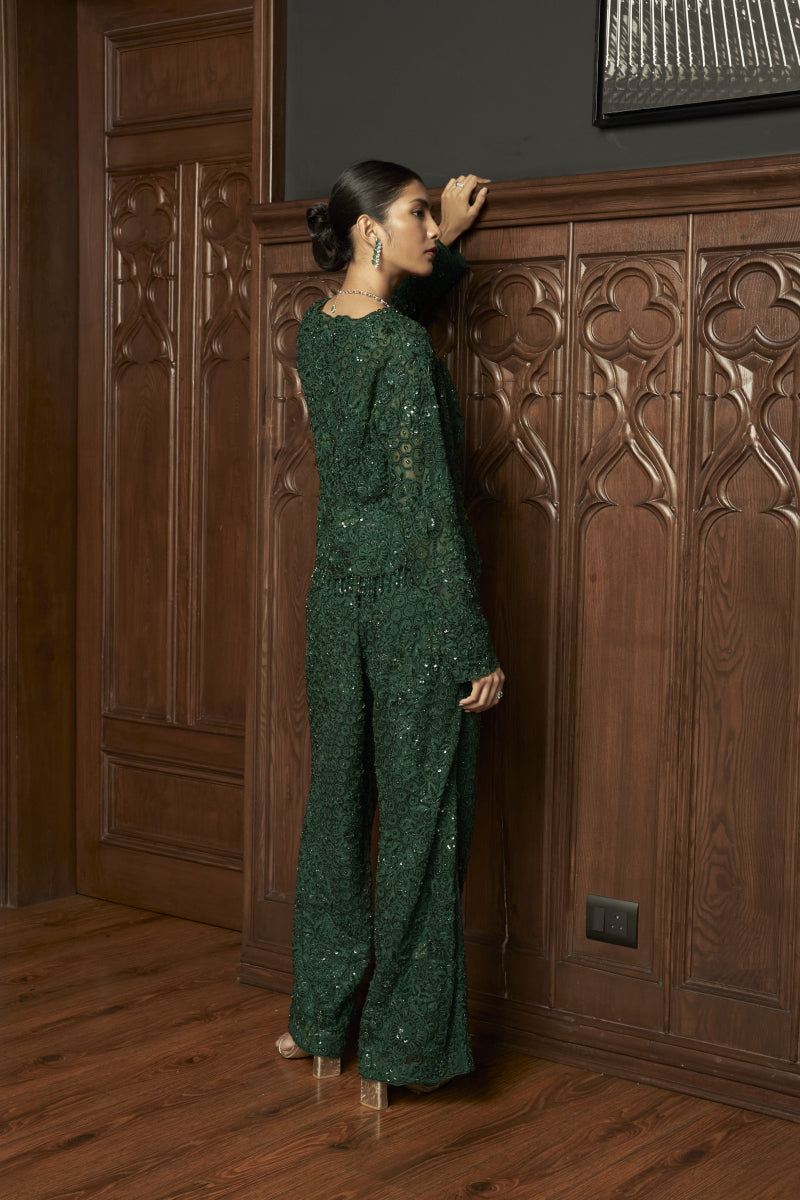 Emerald Indowestern Short Jacket Set With Flaired Pants
