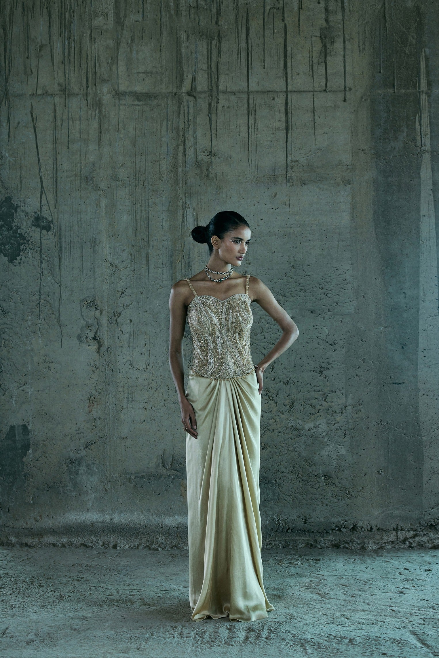 Beige Hand Embellished Corset With Skirt Set