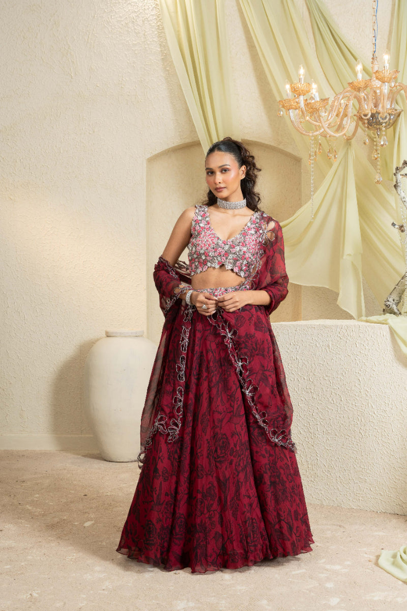Shadow Rose Hand-Embroidered Lehenga With Dupatta