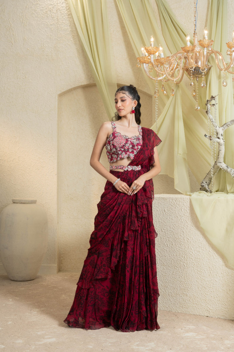 Shadow Rose Hand-Embroidered Ruffle Saree Without Belt